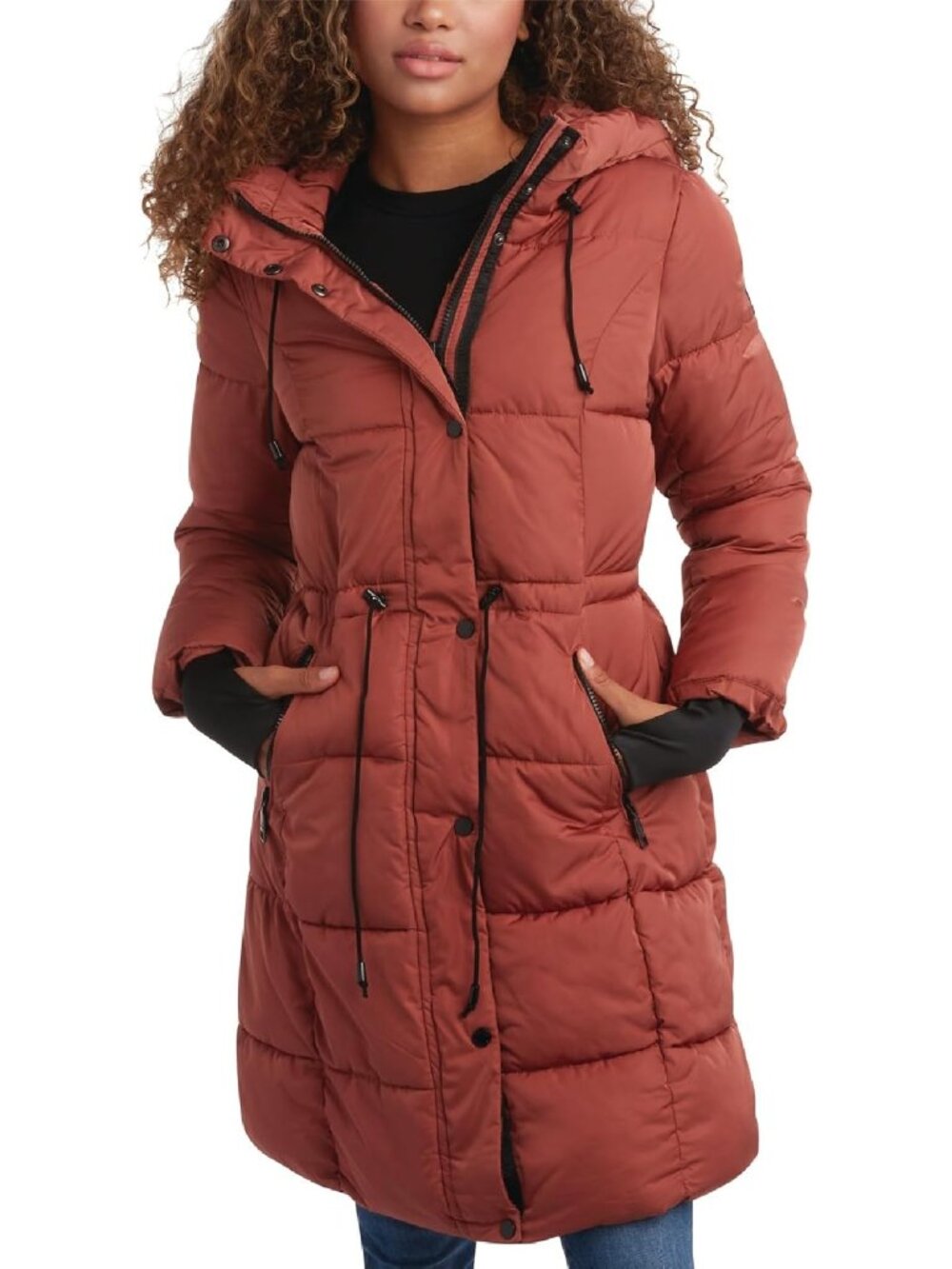 Steve Madden Women Terracotta Hooded Quilted Insulated Warmth Long Puffer Jacket